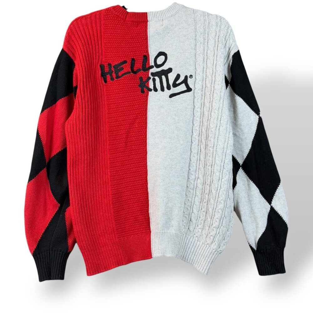 Hello Kitty & Friends Sweater Sz M Red/Gray/Black Colorblock Cable Knit Crewneck